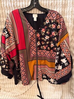 Chico's Patchwork Floral & Stripe Zip-Front Jacket in Black/Red/Gold
